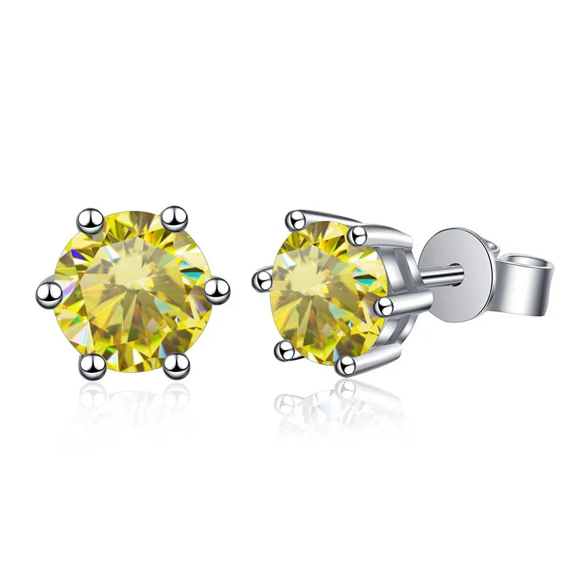Colored Round Moissanite Stud Earrings in Sterling Silver - Lemon yellow stones